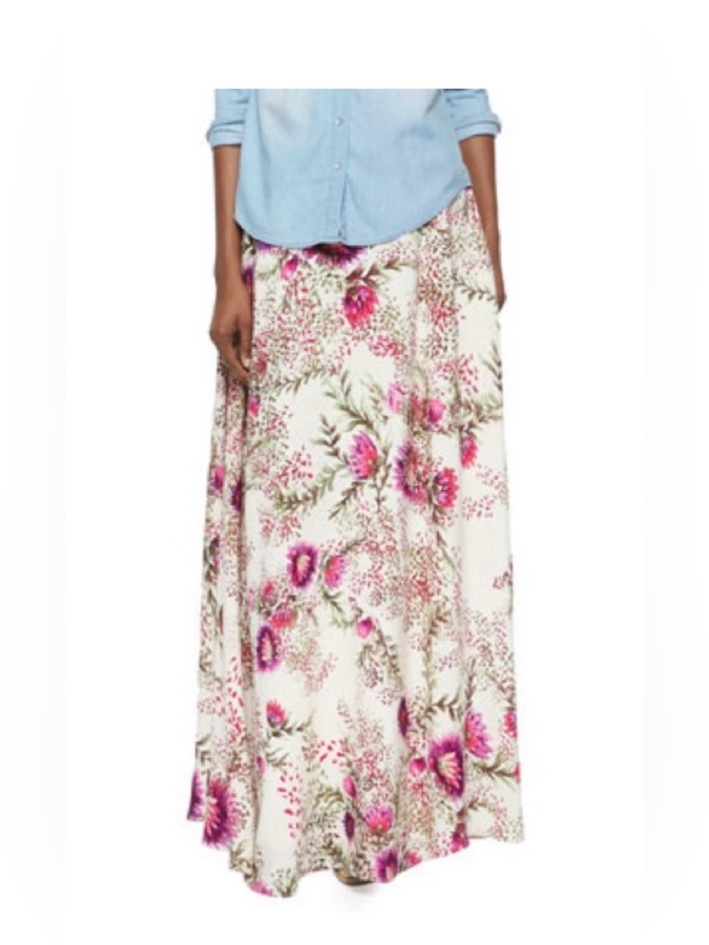 Haute Hippie Ivory Maxi Skirt with Pink Floral Print - Picture 1 of 8